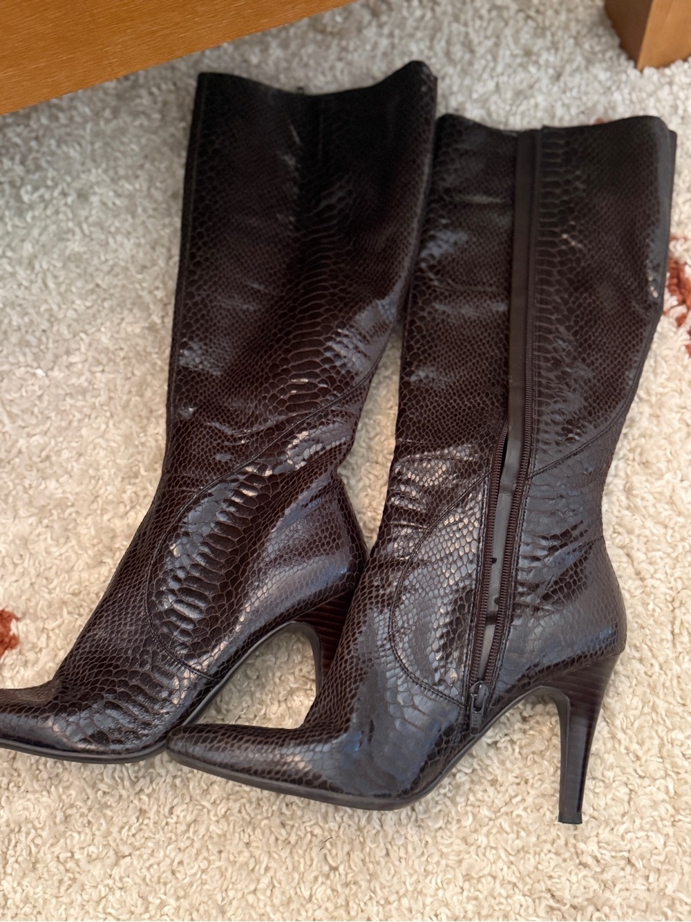 Nine West Black Snake-Embossed Pointed-Toe Stiletto Knee Boots